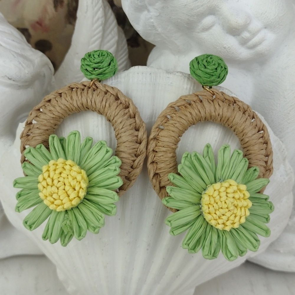 Green & Yellow Raffia Daisy Post Drop Hoop Earrings